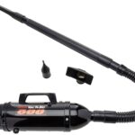 A black and red electric air duster with a hose