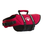 A red and black life vest with an emblem on it.